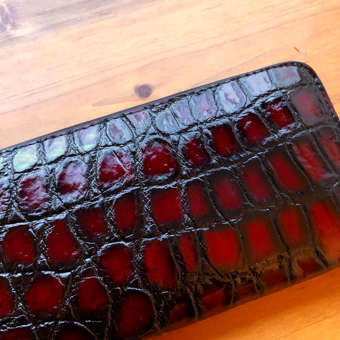 クロコダイル 長財布 高級 一枚革メンズ レディース　赤レッド ブランド