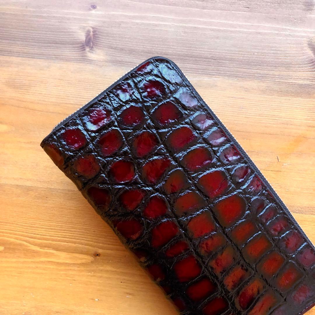 クロコダイル 長財布 高級 一枚革メンズ レディース　赤レッド ブランド