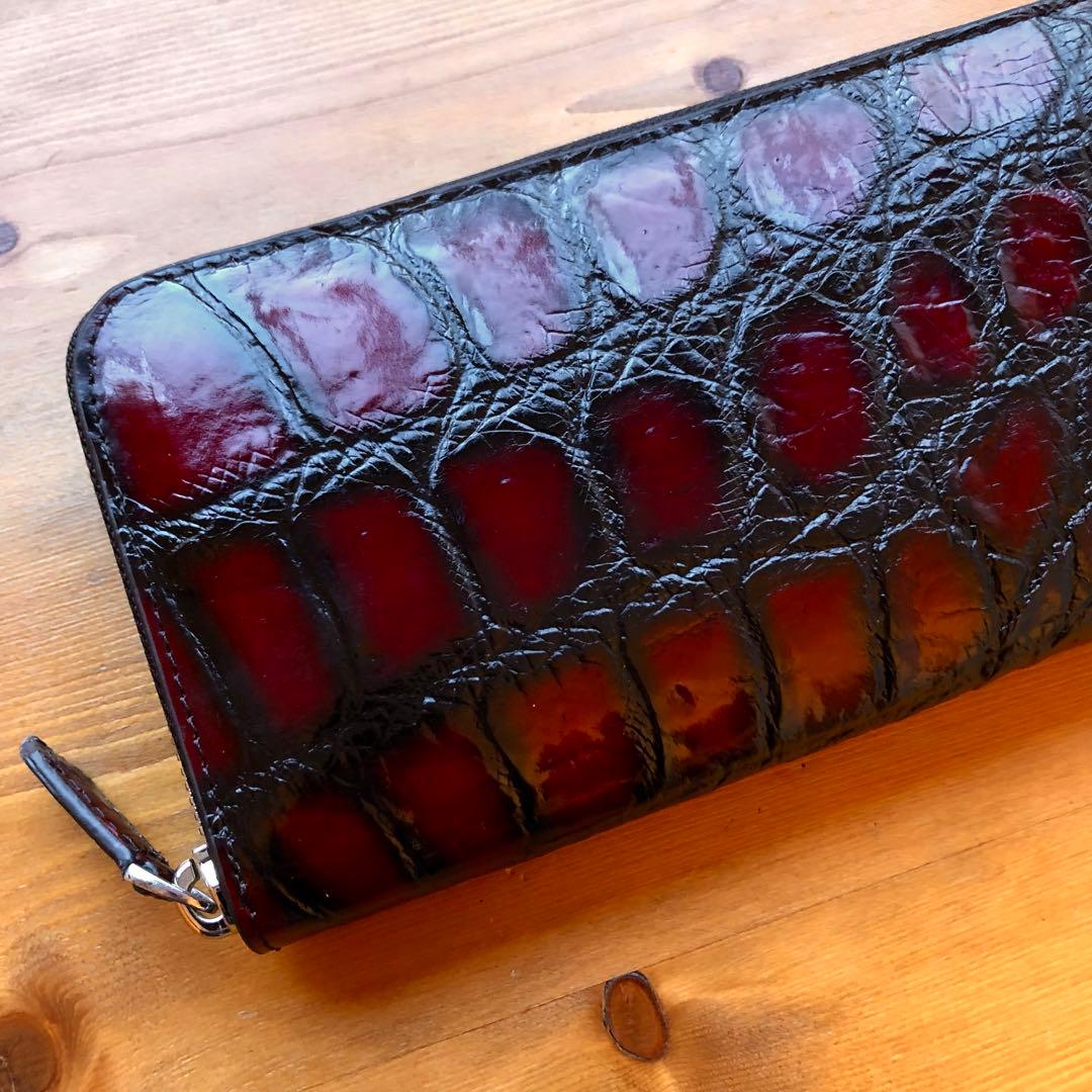 クロコダイル 長財布 高級 一枚革メンズ レディース　赤レッド ブランド