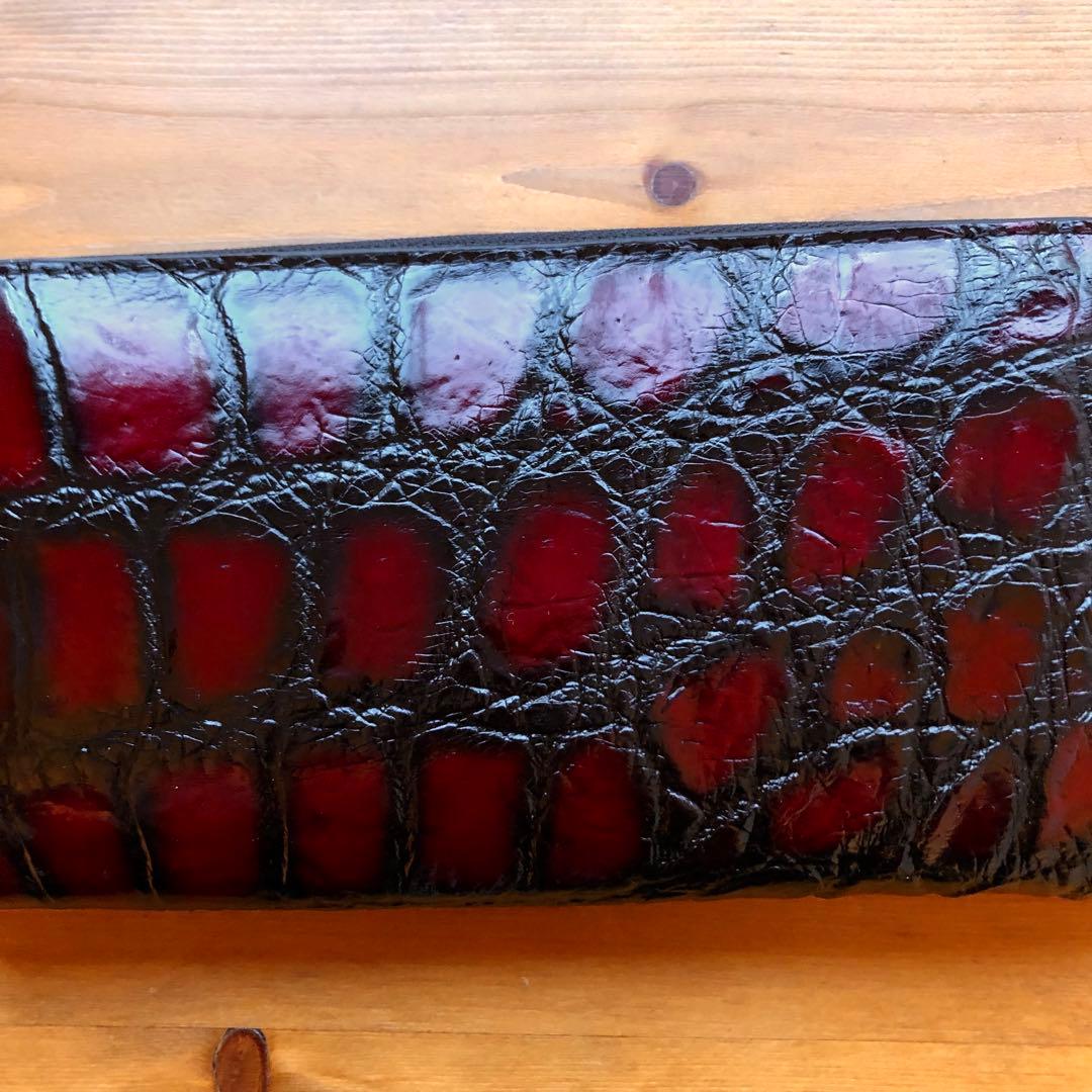 クロコダイル 長財布 高級 一枚革メンズ レディース　赤レッド ブランド