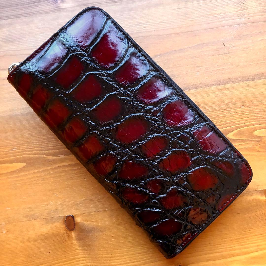 クロコダイル 長財布 高級 一枚革メンズ レディース　赤レッド ブランド