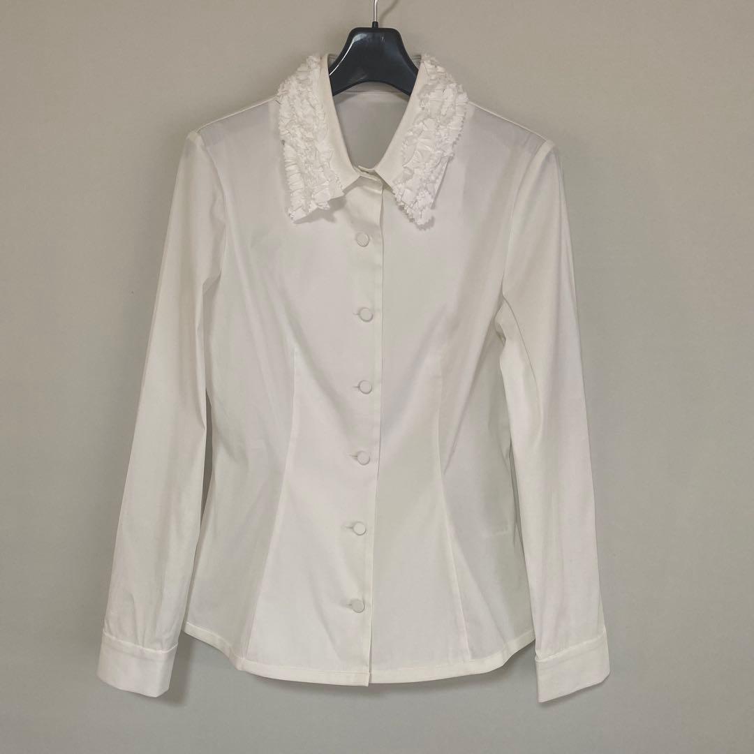 フォクシー ニューヨーク フリル襟 長袖 ブラウス 38 白 ホワイトDMW