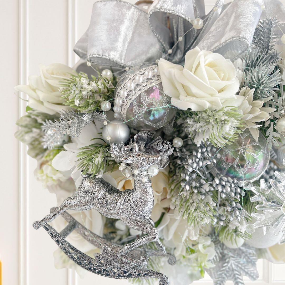 クリスマスリース シルバーとホワイトの輝き クリスマスギフト アートフラワー