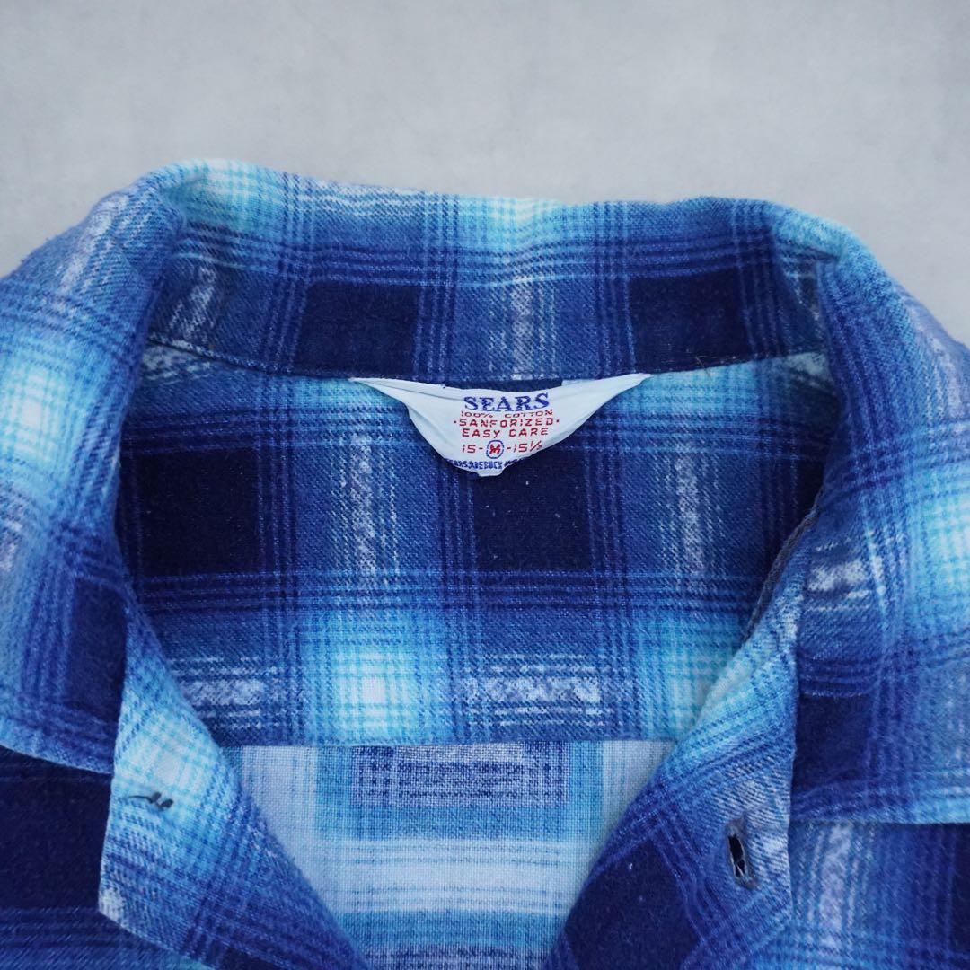 【60s】searsシアーズ プリントネルシャツ ブルー M vintage