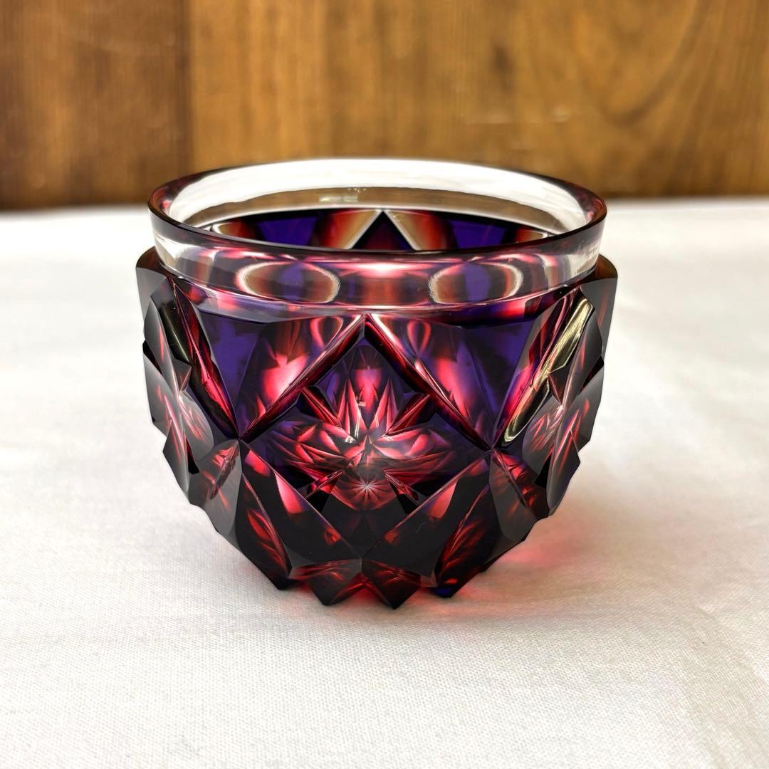 二色衣 島津薩摩切子 二色被せガラス 切子猪口 赤