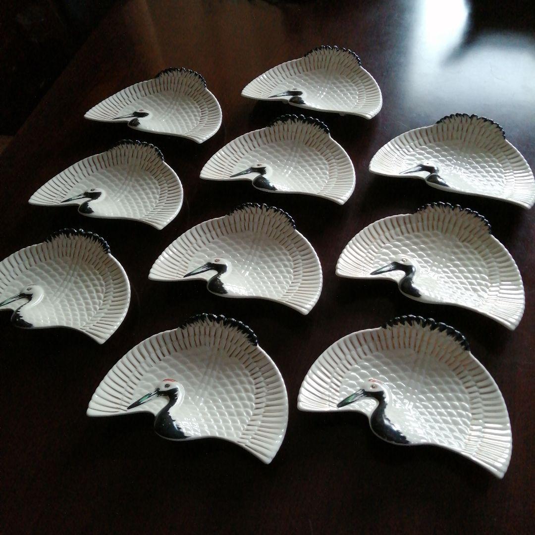 京焼　鶴形扇皿　10枚　20cm　大正～昭和初期