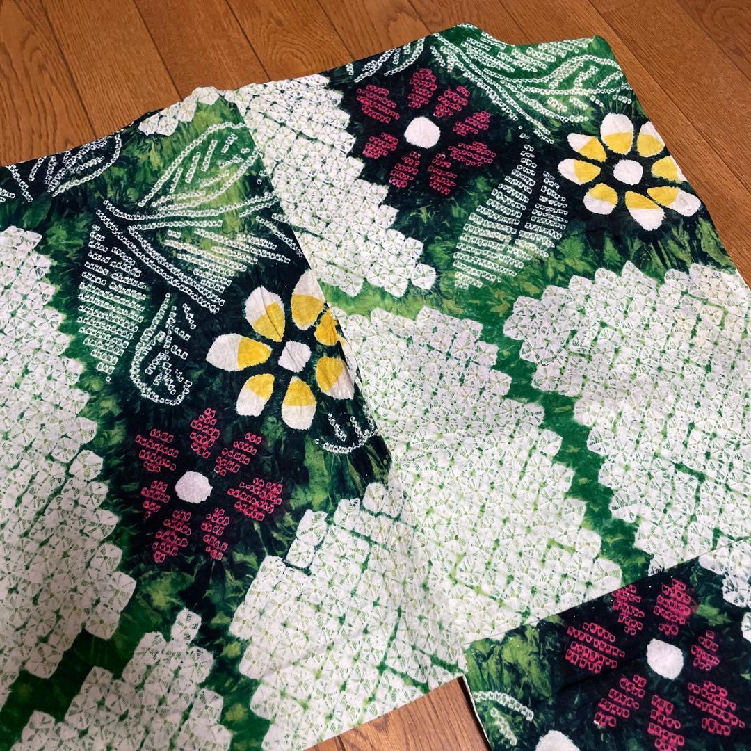 手縫い　総絞り　有松絞り　レトロ　緑色　花柄　夏着物　アンティーク　大人浴衣
