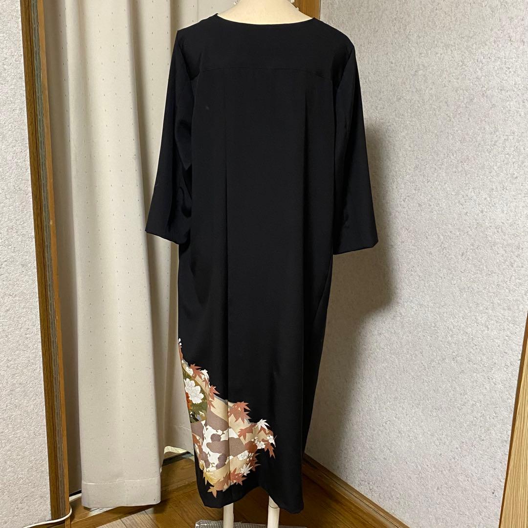 《LL 110cm》 黒留袖リメイク ヨーク切り替え 七分袖 ワンピース