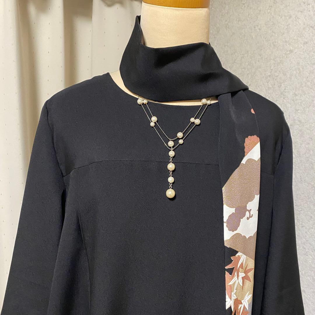 《LL 110cm》 黒留袖リメイク ヨーク切り替え 七分袖 ワンピース