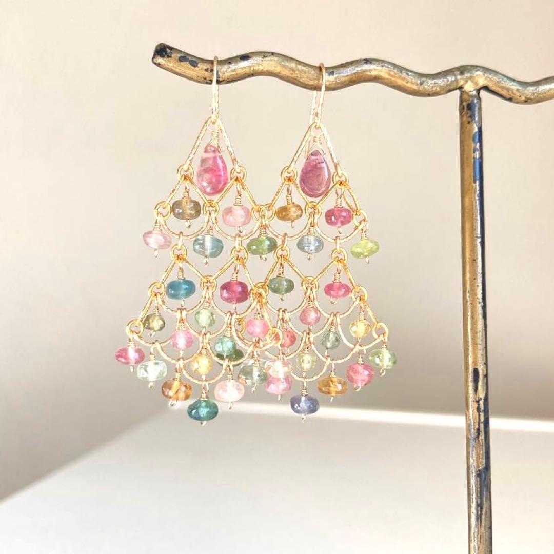 マルチカラートルマリンのシャンデリアピアス