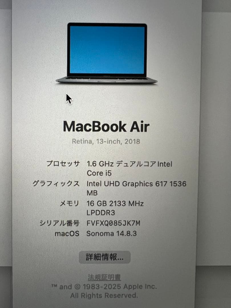 MacBook Air 2018/16GBメモリ/256GB 箱有 ケーブル無