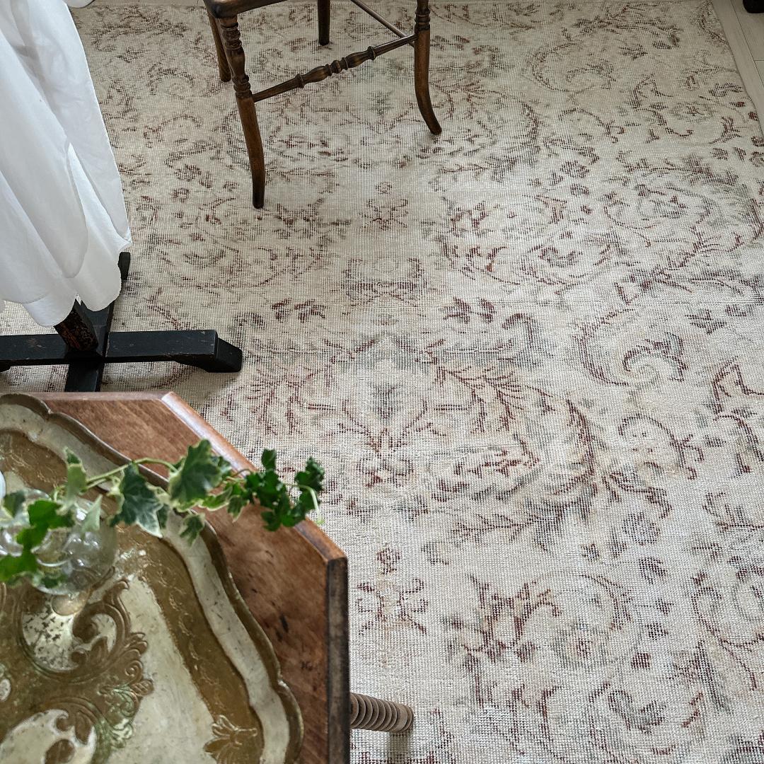 トルコ ヴィンテージラグ A27超大判 レア クリーム セージグリーン ベージュ