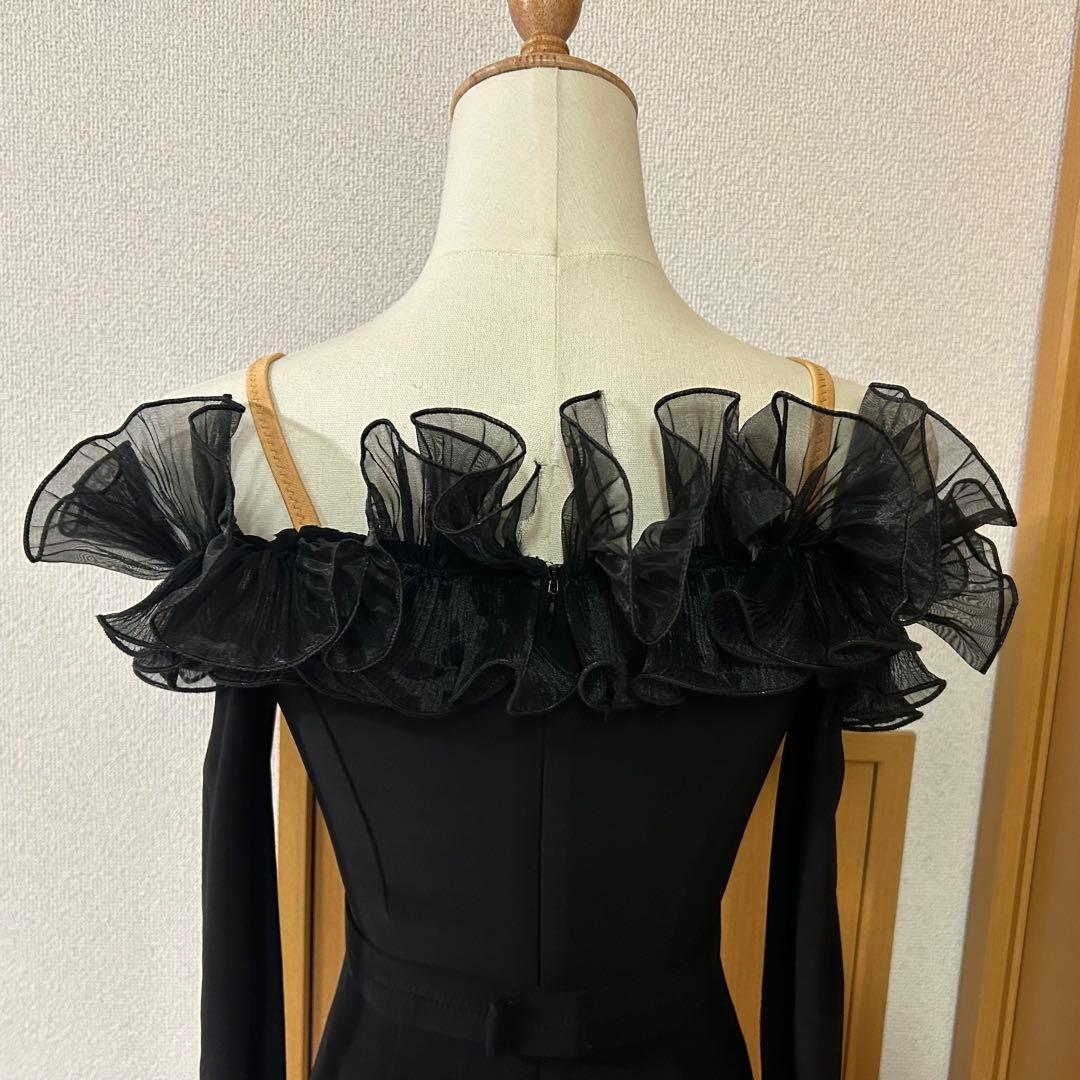 社交ダンス ワンピース ブラック×ホワイトオフショルダードレス