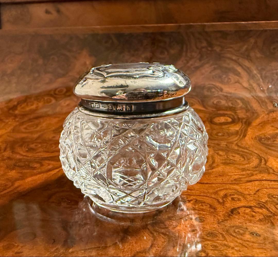 アンティーク カットガラス、 蓋は銀925、英国バーミンガム製