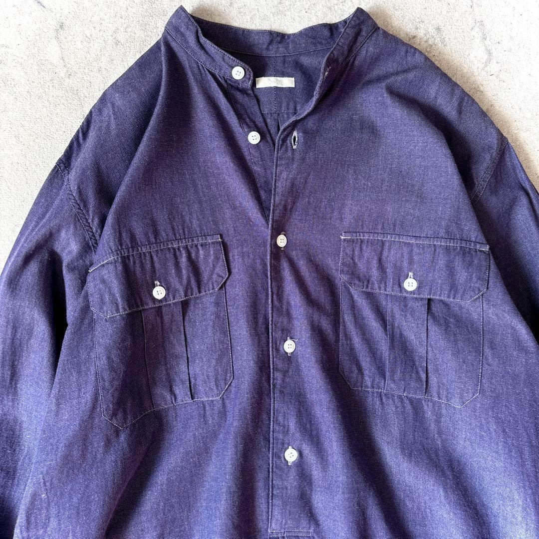 美品 コモリ 日本製 2 コットン プルオーバー 長袖 バンドカラー シャツ 紫