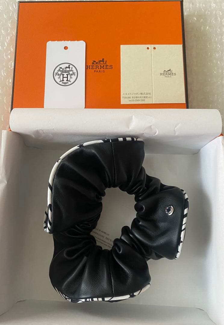 エルメス　シュシュ　クラウディア　黒　ノワール　レザー　ジグザグ　バンダナ　新品