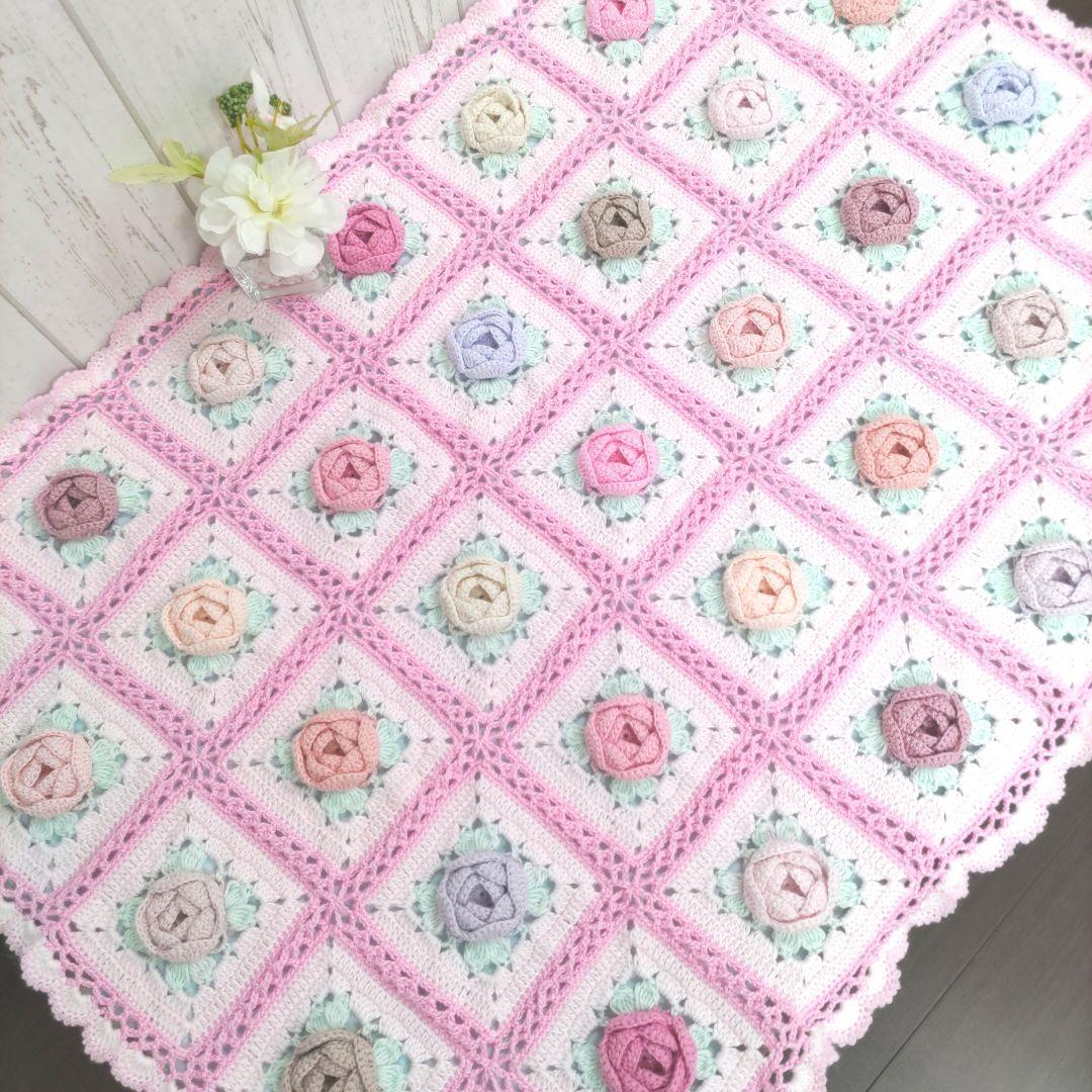 247【薔薇 マルチカバー】お花 ピンク モチーフ編み 編み物 手編み