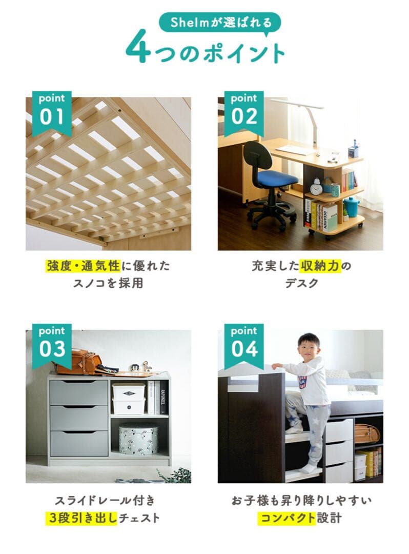 横浜市内発⭐︎Shelm ロフトベッド 学習机付き 収納棚付き