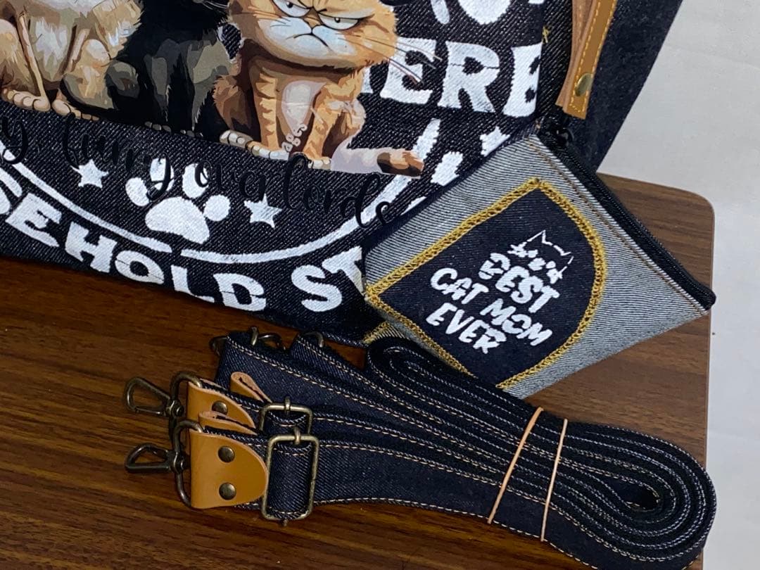 セール☆岡山デニム☆ステンシル☆トラネコ☆悪ネコ☆4wayボストンバッグ