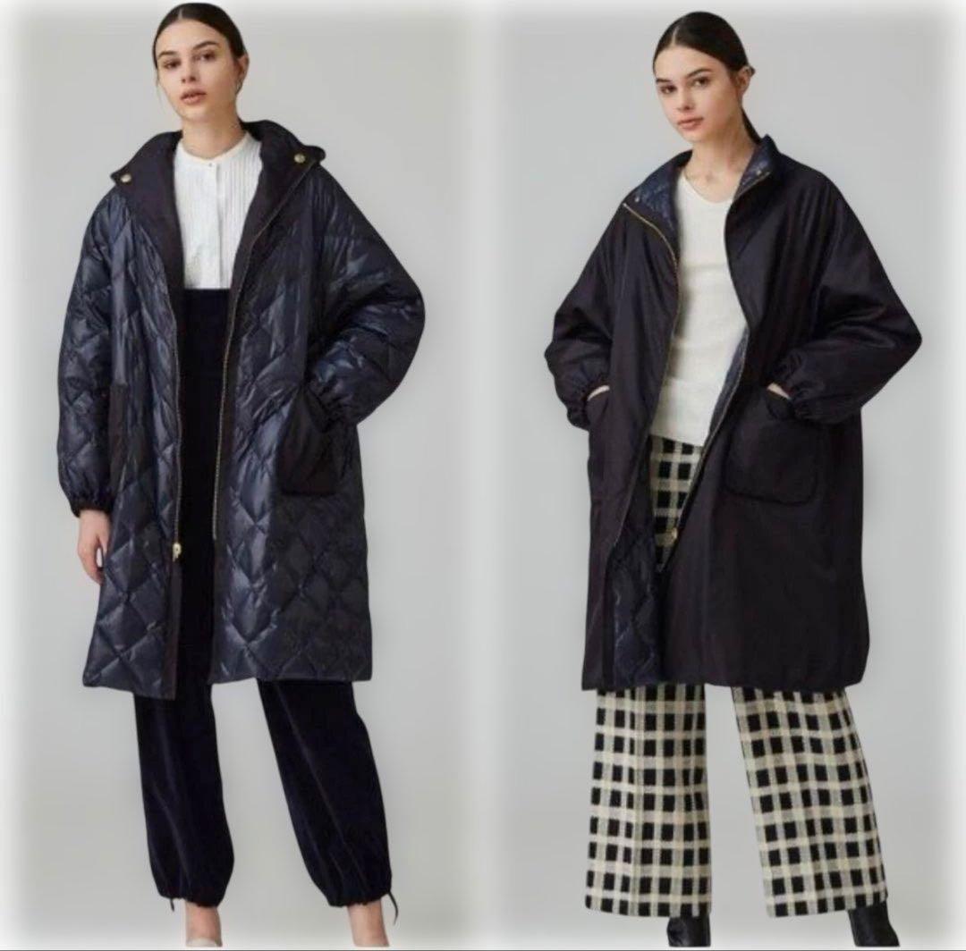 美品 トゥモローランドコレクション リナイロン フーデッドダウンコート ネイビー