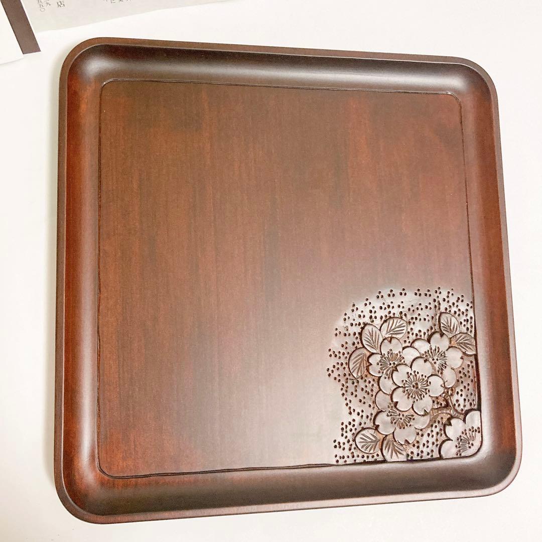 美品 大坂屋家具店 元祖 軽井沢彫 角盆 桜 ポイント お盆 工芸品