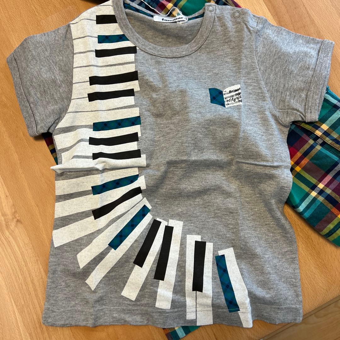 ファミリア　新品ピアノ鍵盤Tシャツ　緑系チェックハーフパンツ　120cm セット