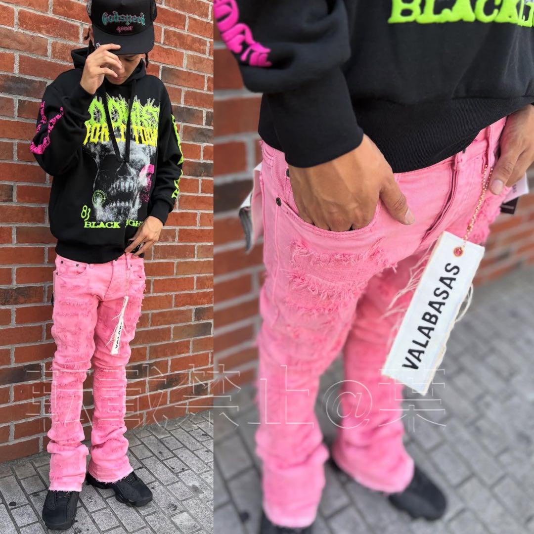 バラバサスvalabasas クラッシュリペアスキニーフレアデニム ピンク 29