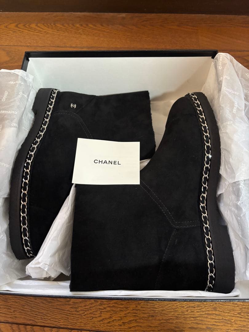 CHANEL シャネル ブーツ 40 ショート ムートン ブラック チェーン