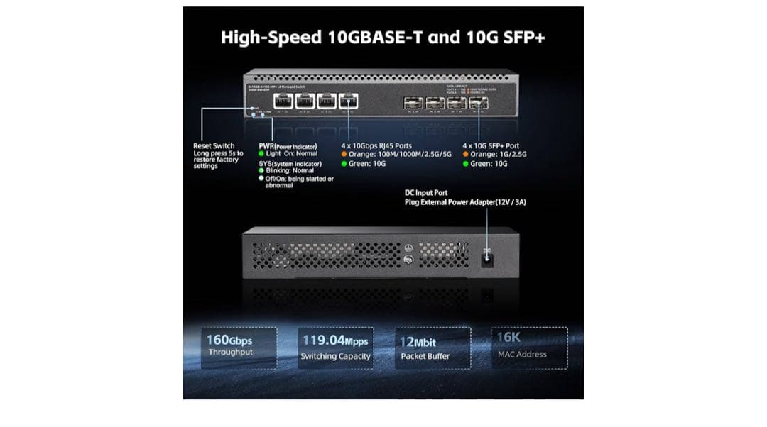 8ポート10ギガビットマネージドスイッチ、4x10G RJ45イーサネット