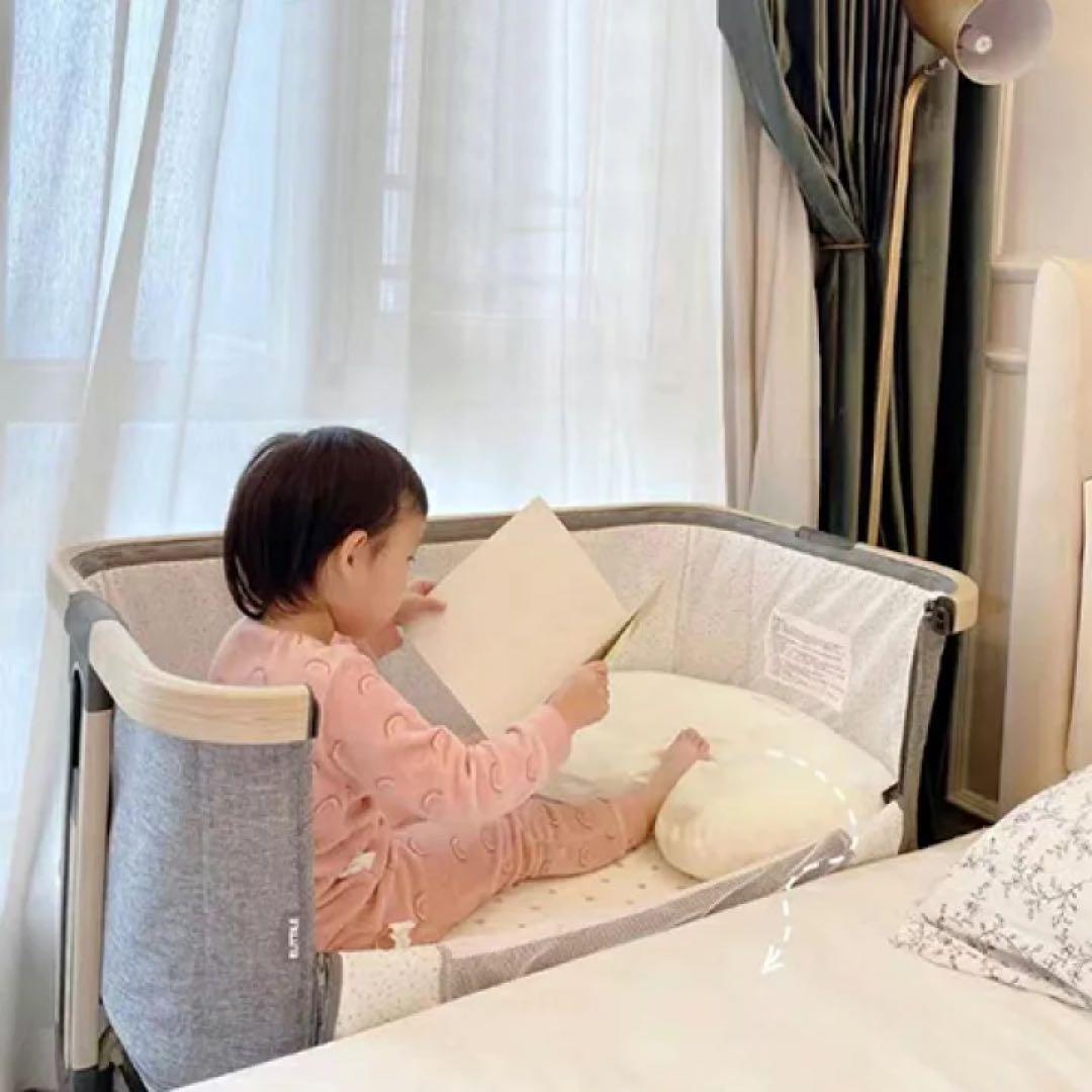 HZDMJ 新型ベビーベッド　説明書付き　グレー　折りたたみ　キャスター付き