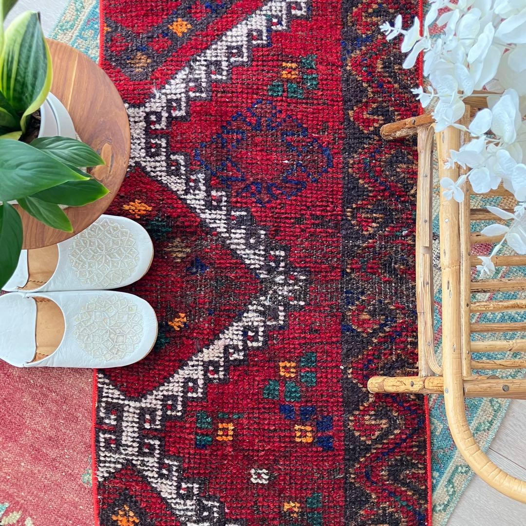 温かざっくり編み✳︎クリスマスレッド　　ロング　ランナー　トルコヴィンテージラグ