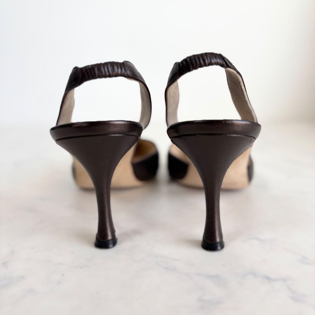 美品 マノロブラニク 36 キャロリン￼ スリングバック レザー ブロンズ 茶色