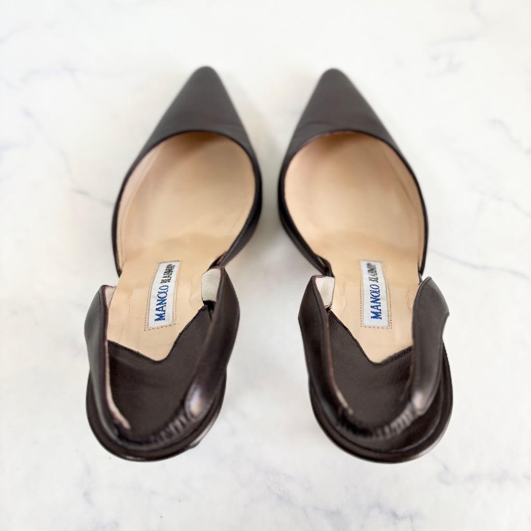 美品 マノロブラニク 36 キャロリン￼ スリングバック レザー ブロンズ 茶色