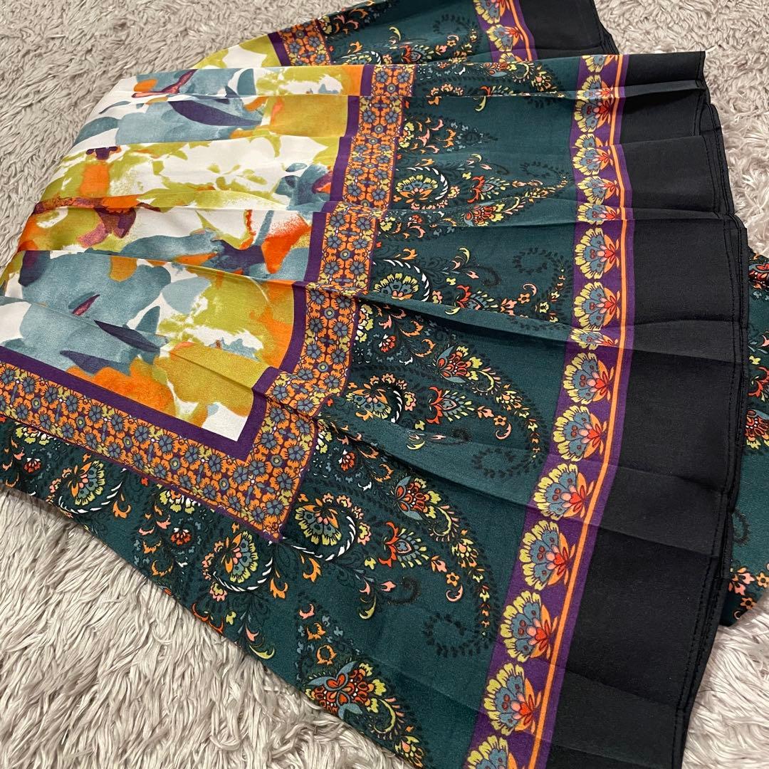 AMERI ロングスカート　スカーフ柄　緑　プリーツスカート　アメリヴィンテージ