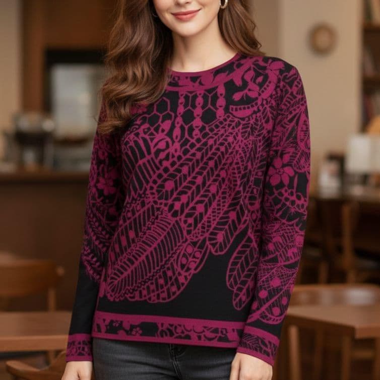 【美品】LEONARDレオナール ニットカットソー シルク混 黒 ボルドー M