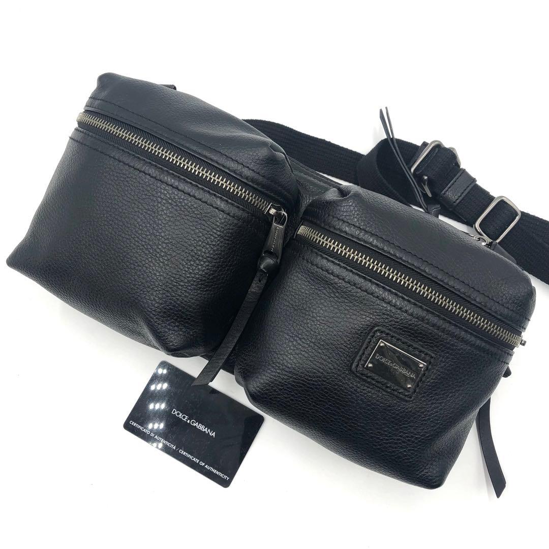 極美品 D&G ドルガバ ボディバッグ ロゴ プレート オールレザー ブラック