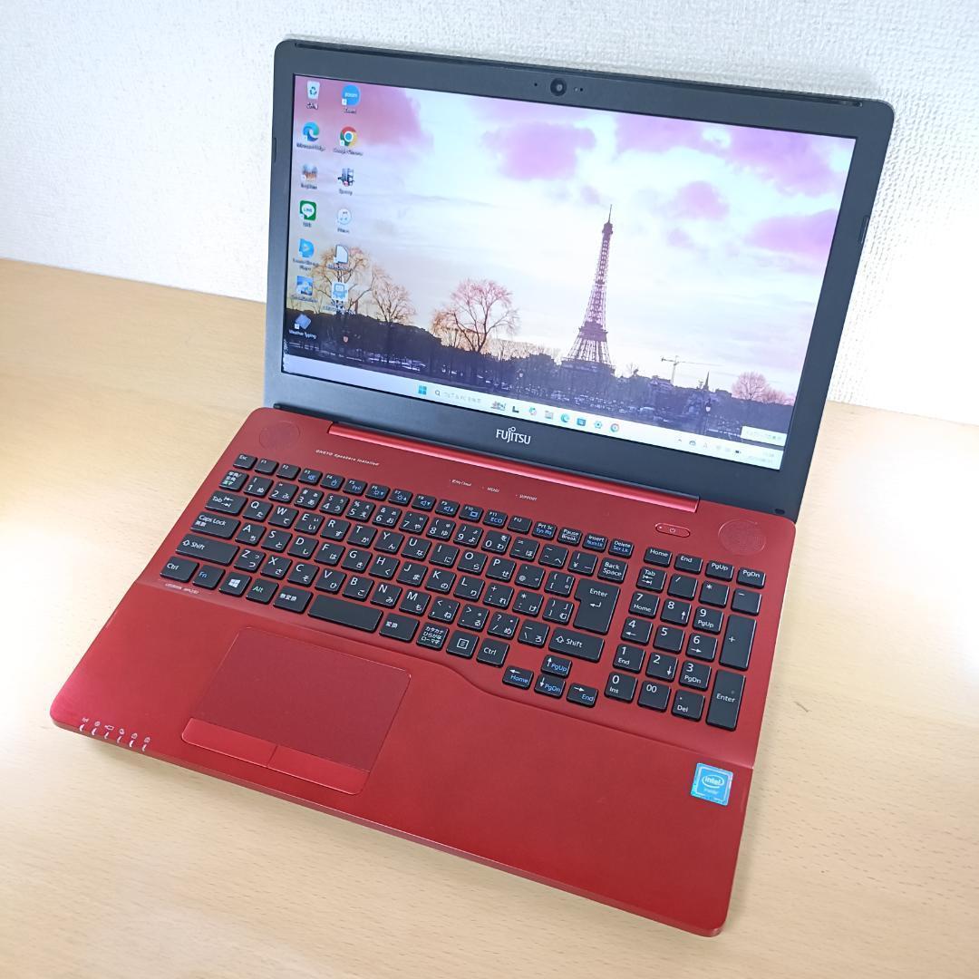 ノートパソコン Windows11 SSD 256GB Webカメラ 富士通 赤
