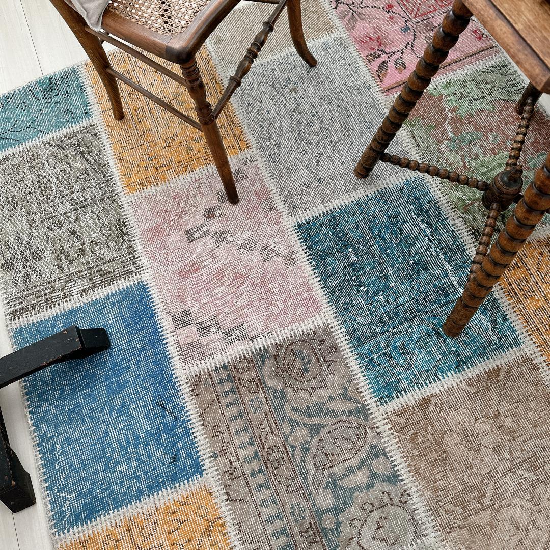 トルコ製ヴィンテージラグ915 レア 高級 ブルー イエロー パッチワーク