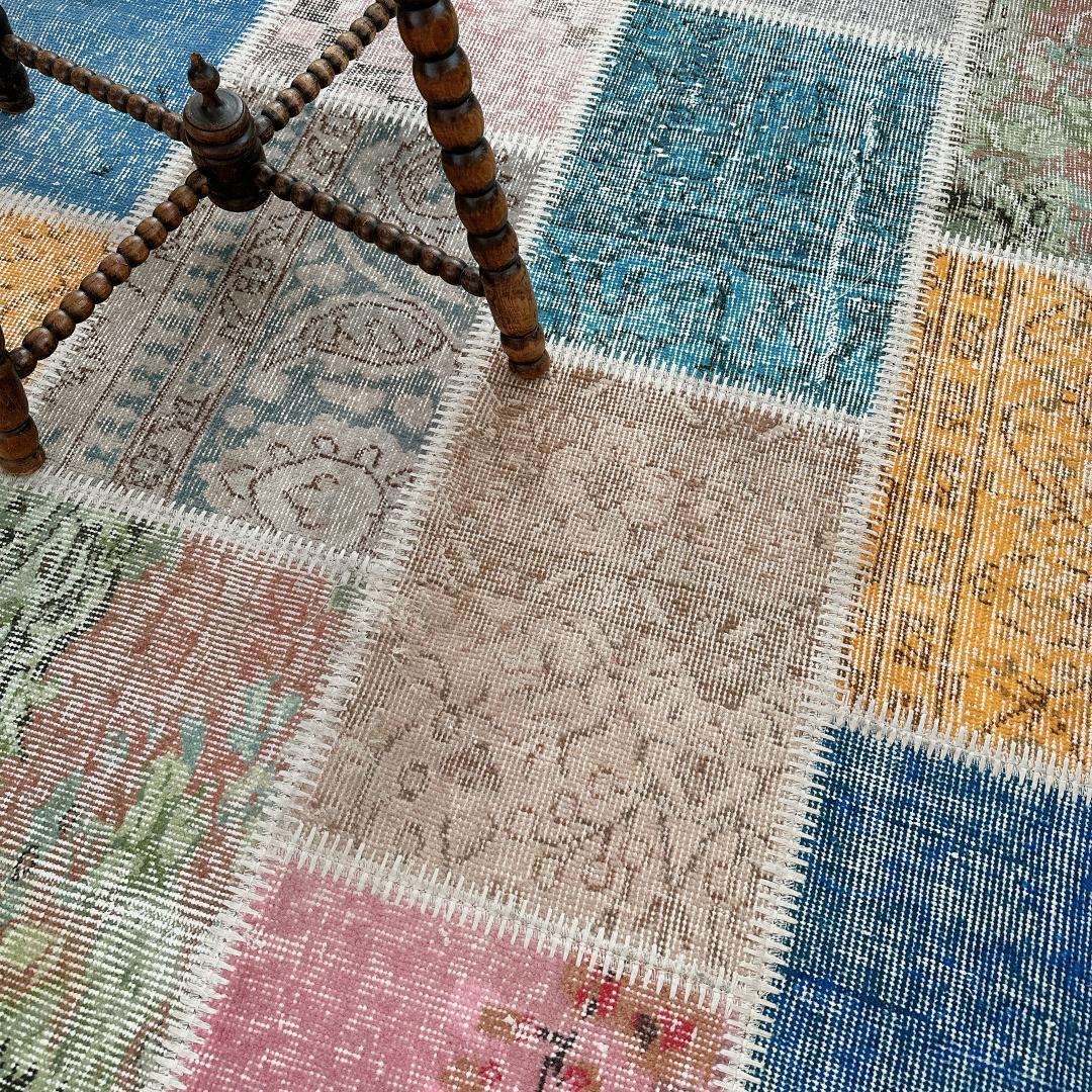 トルコ製ヴィンテージラグ915 レア 高級 ブルー イエロー パッチワーク