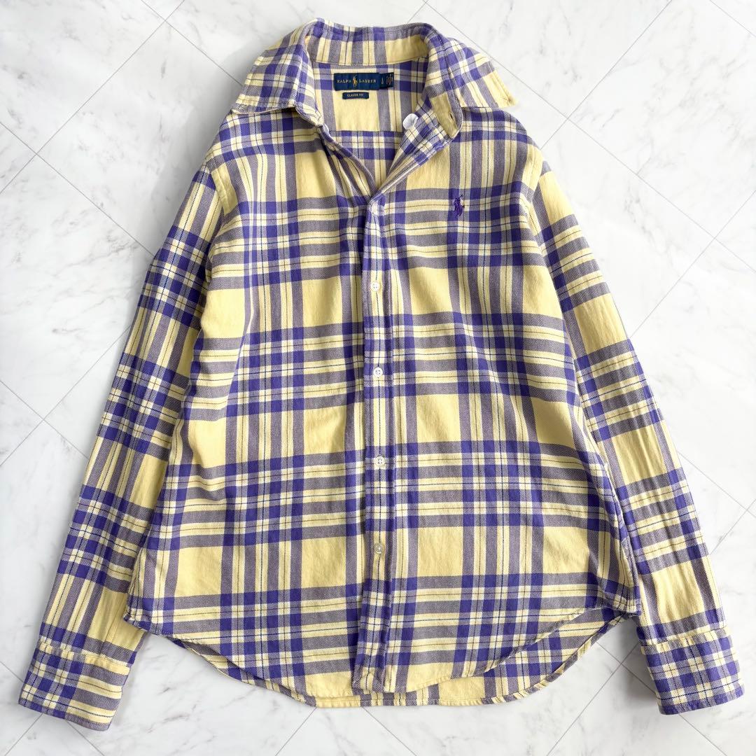 【ラルフローレン】チェックシャツ　ポニーロゴ　コットン　ゆったり　春色　紫　黄色