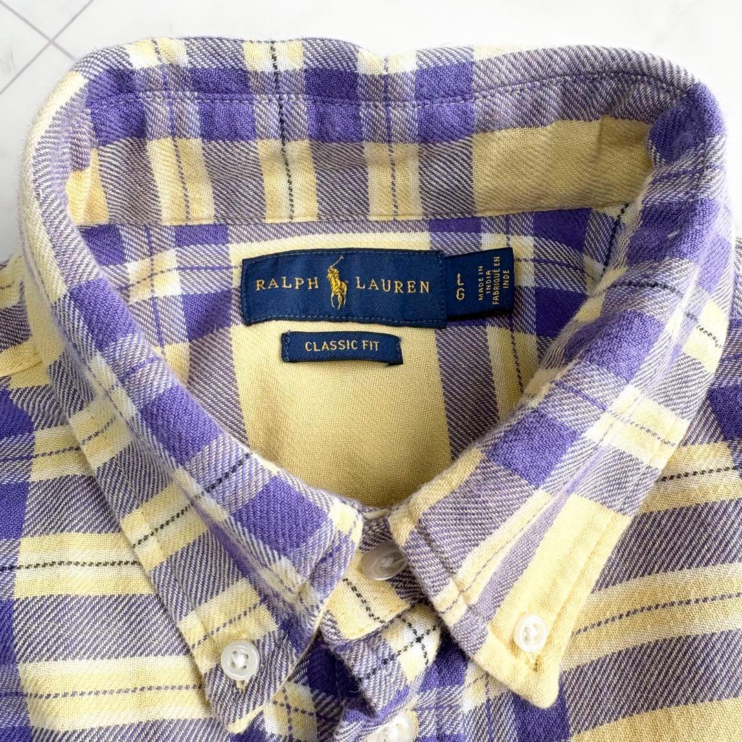 【ラルフローレン】チェックシャツ　ポニーロゴ　コットン　ゆったり　春色　紫　黄色