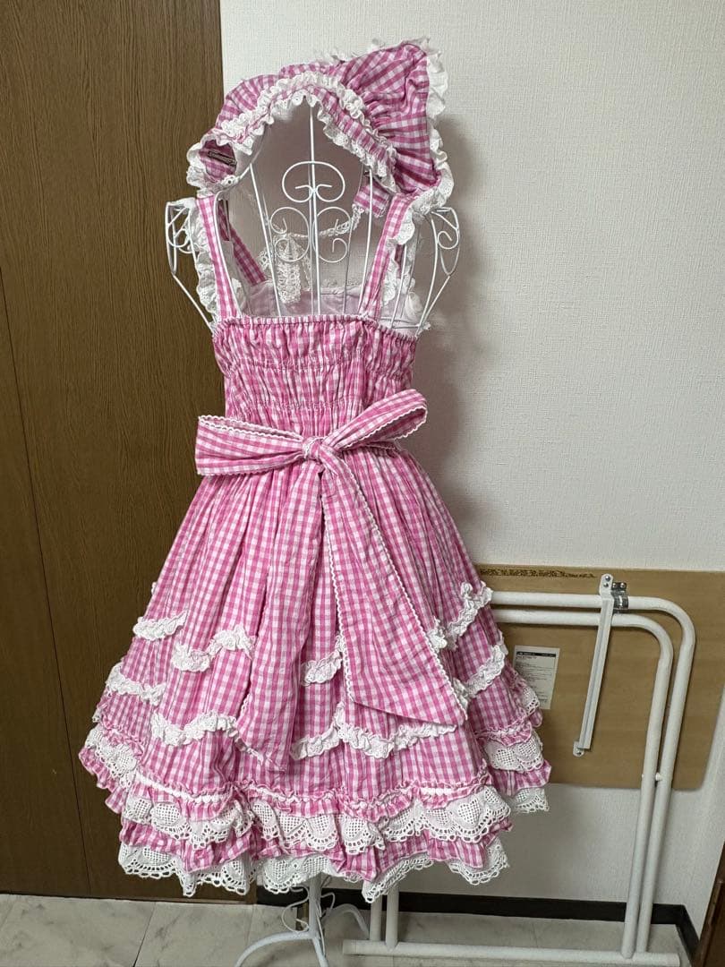 中国ロリータ♡ギンガムチェックジャンパースカート ボンネット、クリップ付