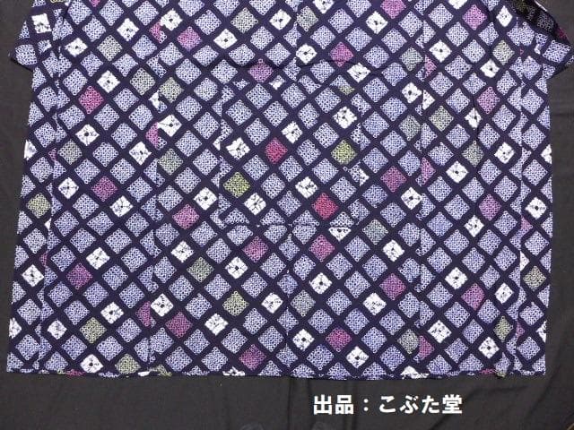 美品！手縫い★有松鳴海絞り 浴衣 紺✕黄色✕赤 格子★152/63　有松絞り
