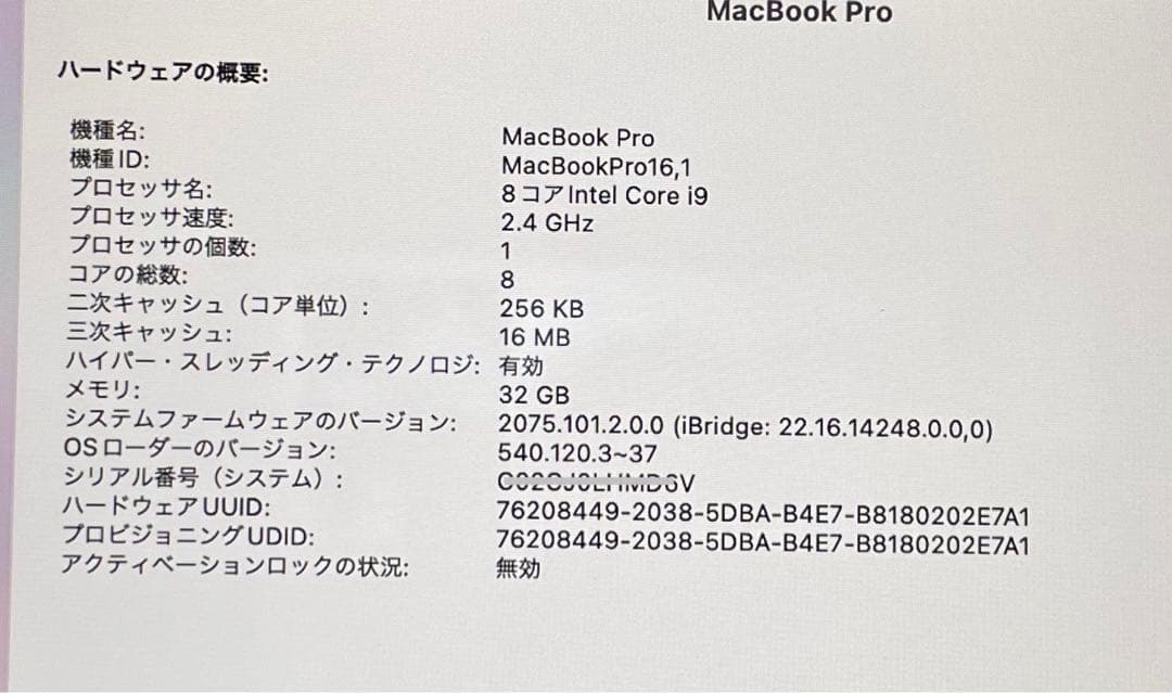 MacBook Pro 16インチCore i9-32GB-512GB SSD