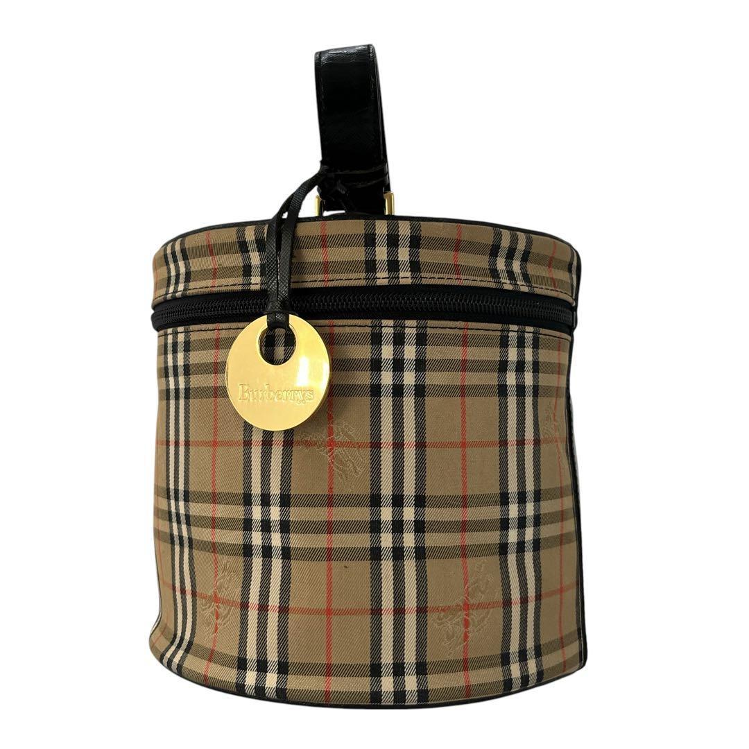 良品　バーバリー　ノバチェック　バニティバッグ　ハンドバッグ　筒形　円形