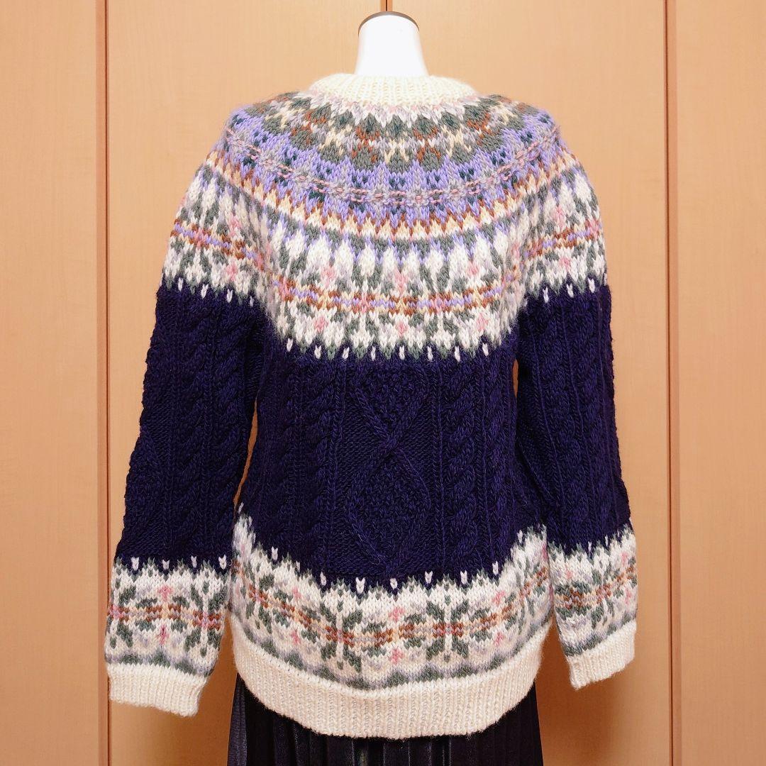 【北欧風】フェアアイル柄 ノルディック柄 手編みセーター ウール100％ 美品