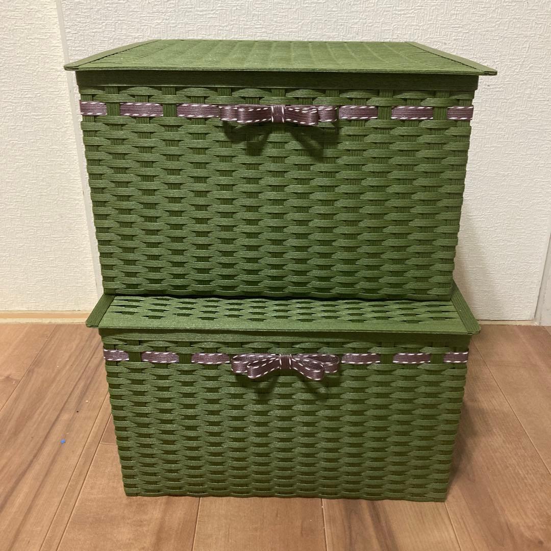 でこぴんu^q^uページ　エコクラフト　クラフトバンド　蓋付き収納かご