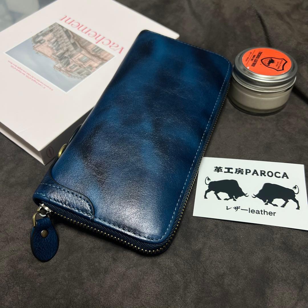 新作品　数量限定　藍色　手染めイタリアンレザー メンズ 牛革本革　長財布