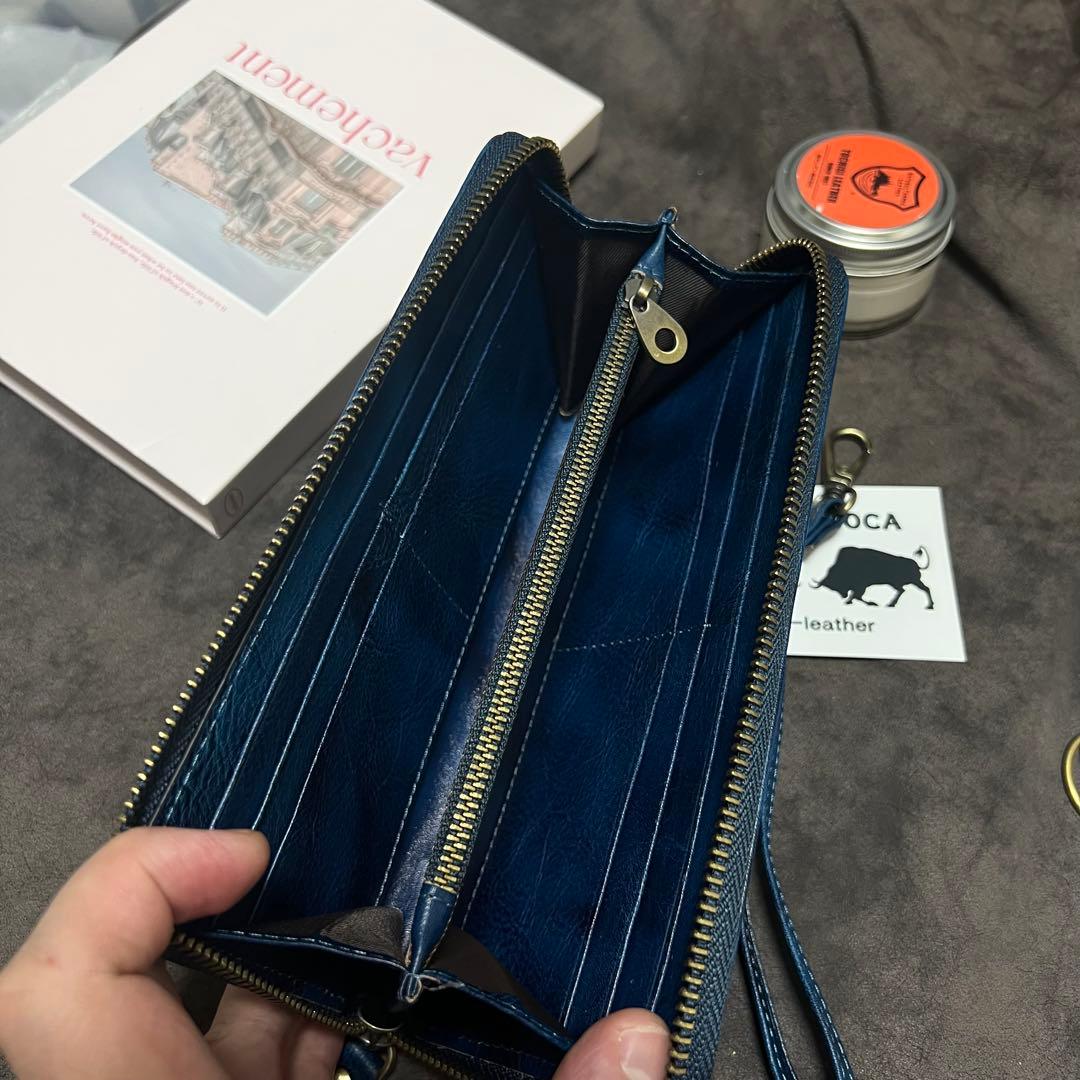 新作品　数量限定　藍色　手染めイタリアンレザー メンズ 牛革本革　長財布