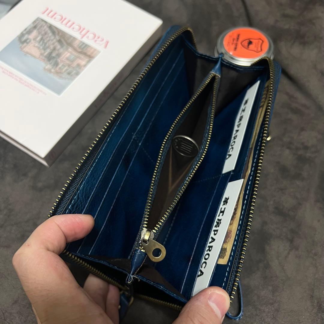 新作品　数量限定　藍色　手染めイタリアンレザー メンズ 牛革本革　長財布